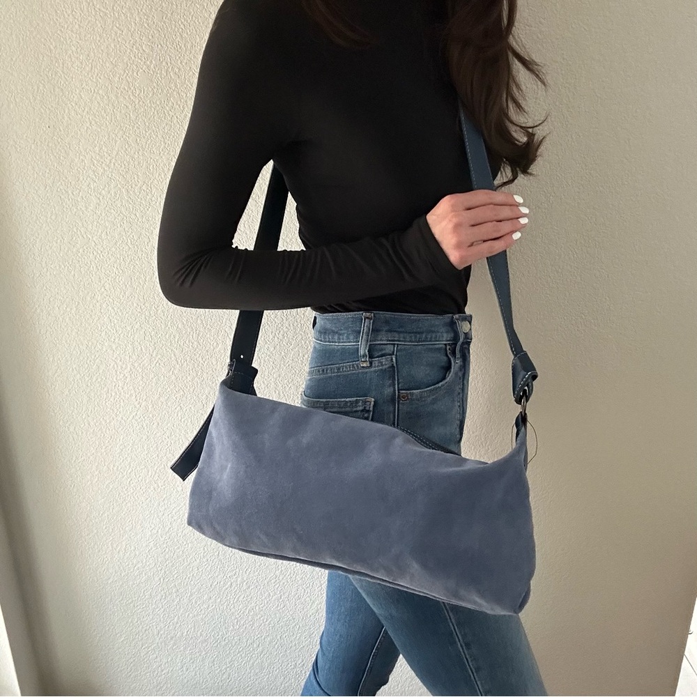 New Free People Slate Blue Suede Large Adjustable Crossbody Bag